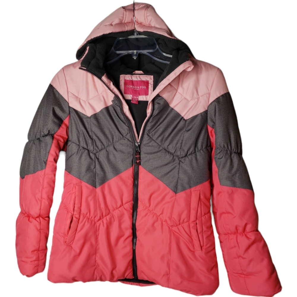 London Fog Girls Puffer Coat XL Hooded Chevron Colorblock Fleece Lined Winter